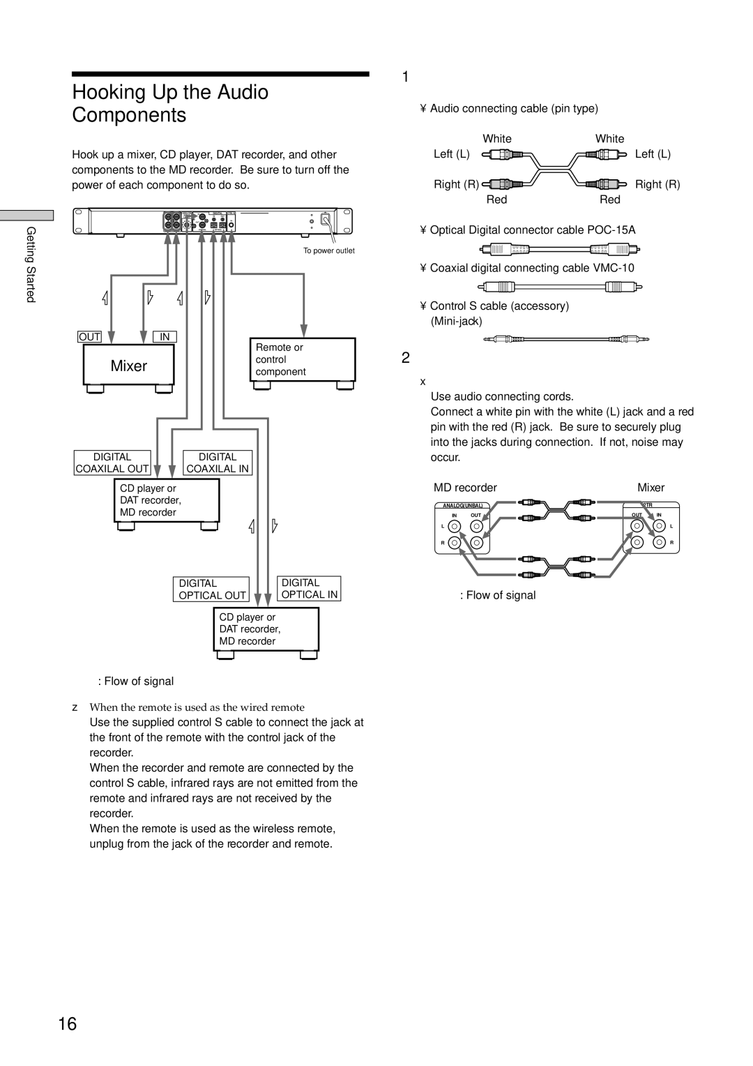 Sony MDS-E10 manual Hooking Up the Audio Components, XWhen connecting with mixer 