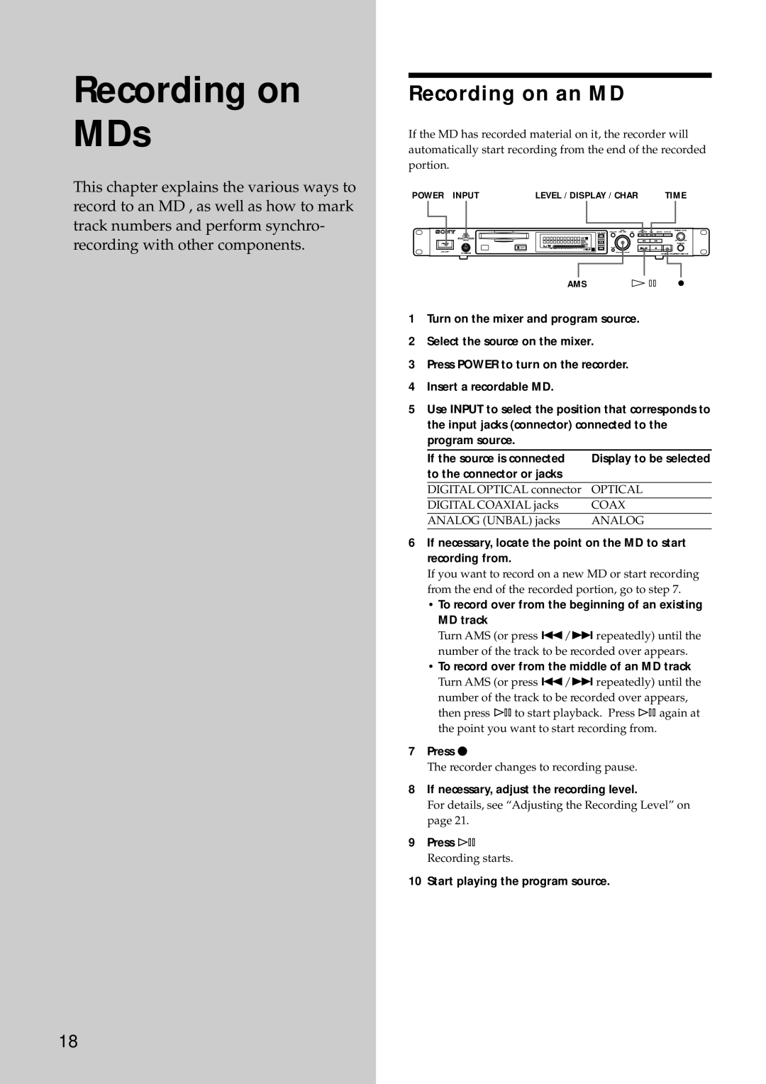 Sony MDS-E10 manual Recording on an MD 