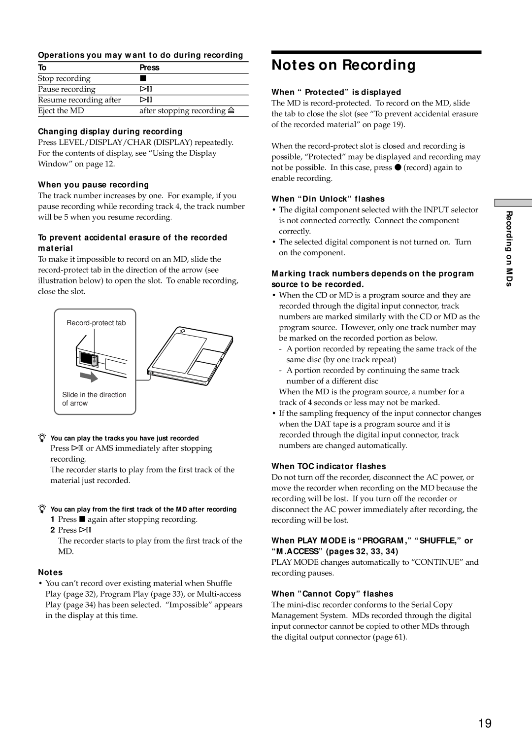 Sony MDS-E10 Operations you may want to do during recording Press, Changing display during recording, Recording on MDs 