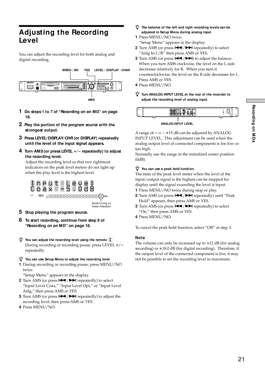 Sony MDS-E10 manual Adjusting the Recording Level, Menu / no YES Level / Display / Char AMS 