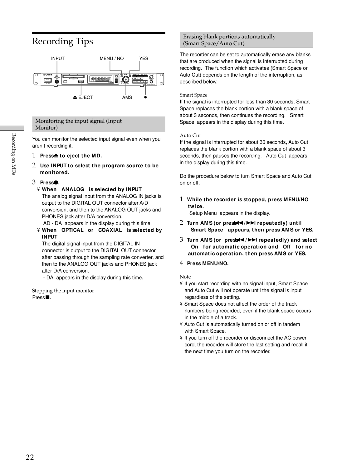 Sony MDS-E10 Recording Tips, Monitoring the input signal Input, Erasing blank portions automatically Smart Space/Auto Cut 