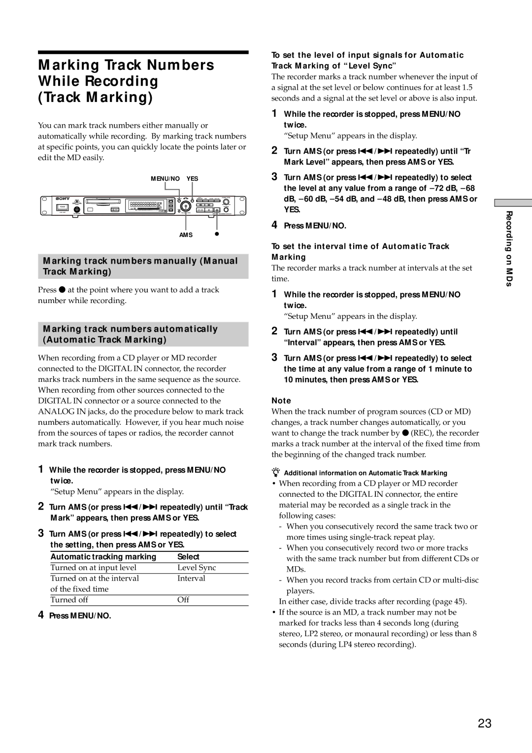 Sony MDS-E10 Marking Track Numbers While Recording Track Marking, Marking track numbers manually Manual Track Marking 