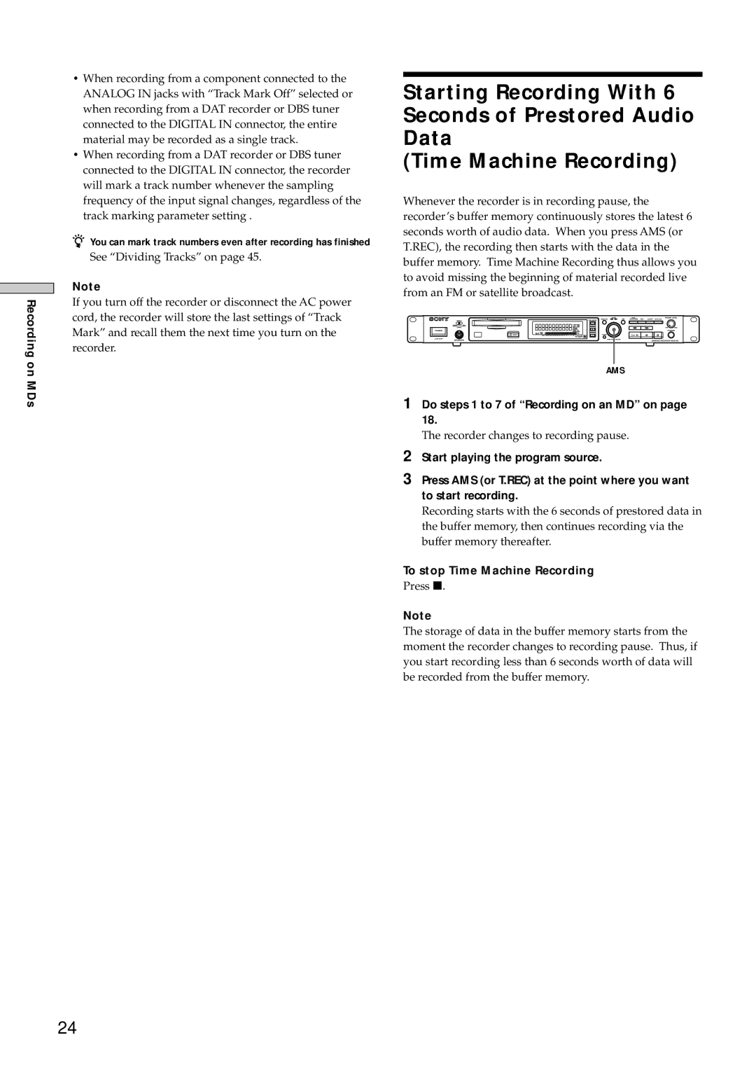 Sony MDS-E10 manual Do steps 1 to 7 of Recording on an MD on, To stop Time Machine Recording 