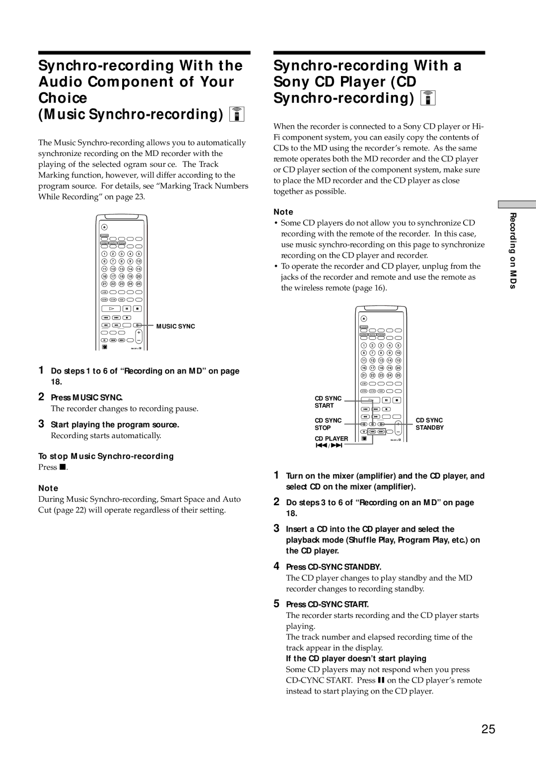 Sony MDS-E10 manual Do steps 1 to 6 of Recording on an MD on Press Music Sync, To stop Music Synchro-recording 