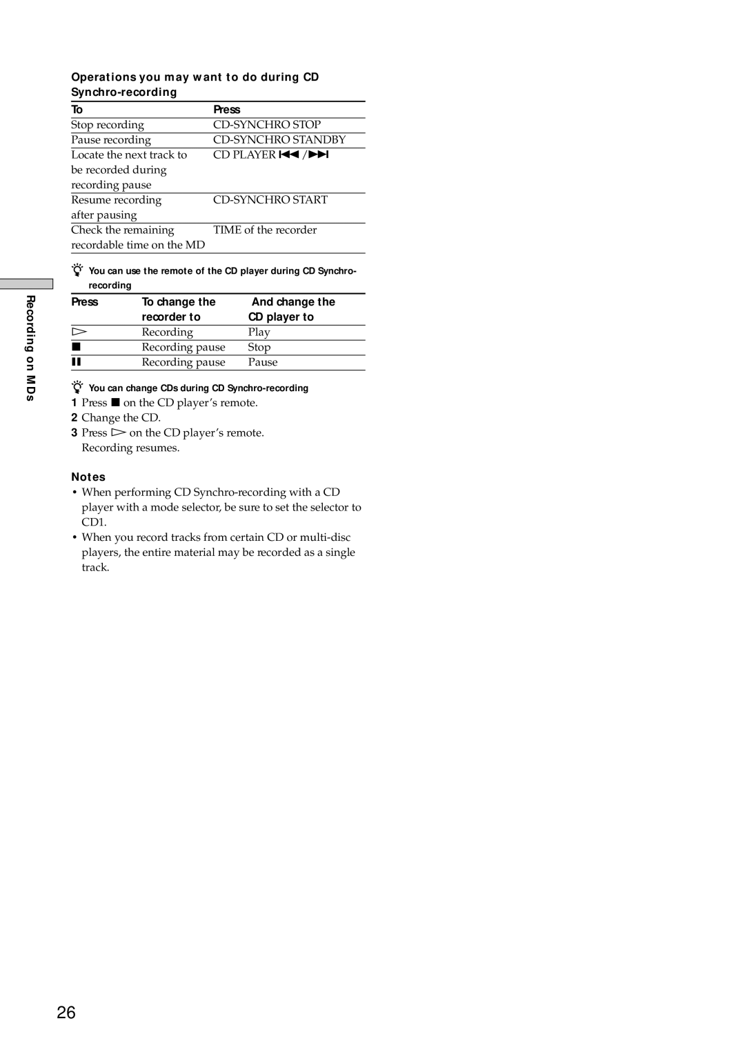 Sony MDS-E10 manual CD-SYNCHRO Start, Press To change Change Recorder to CD player to 