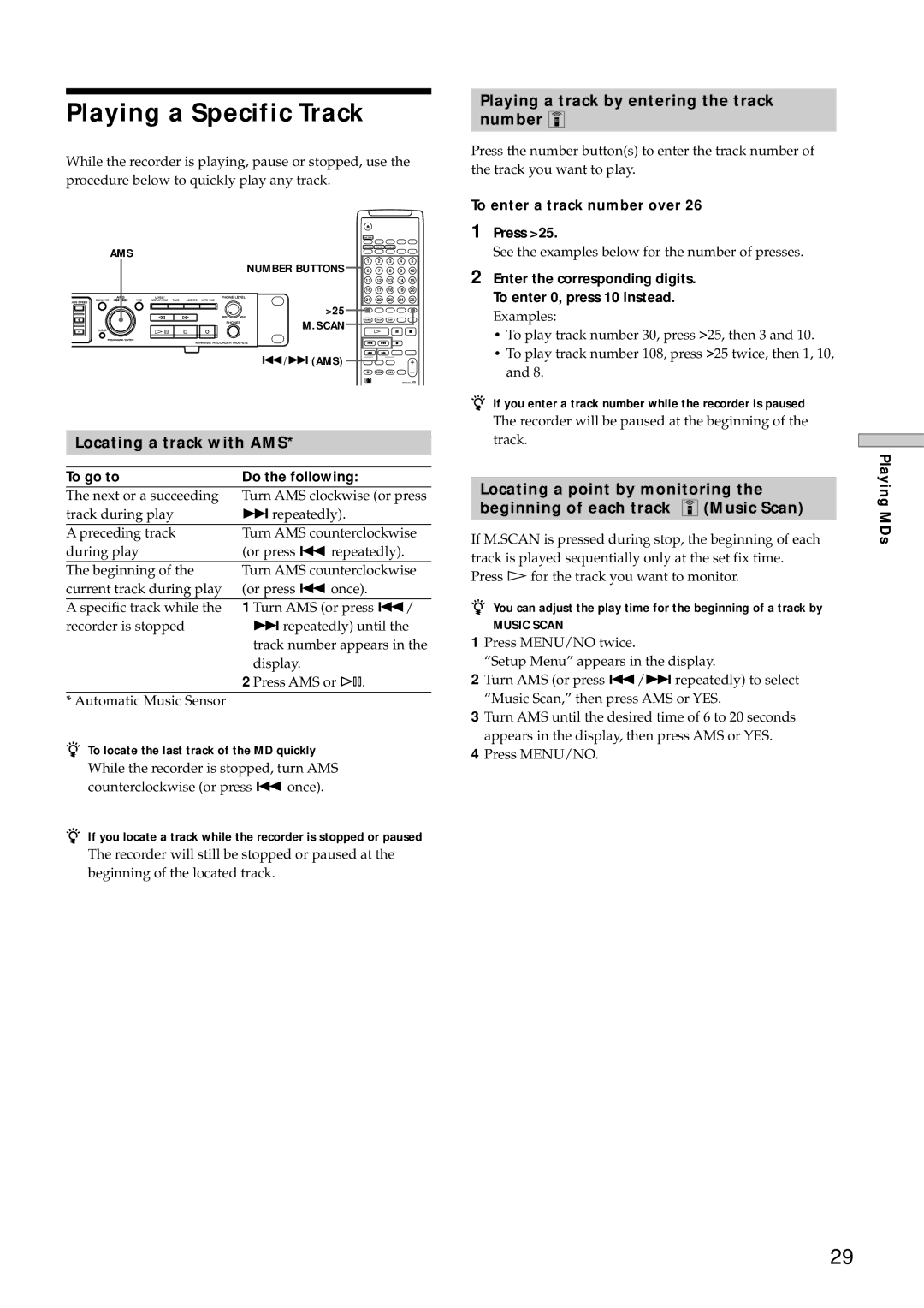 Sony MDS-E10 manual Playing a Specific Track, Locating a track with AMS, Playing a track by entering the track Number Z 