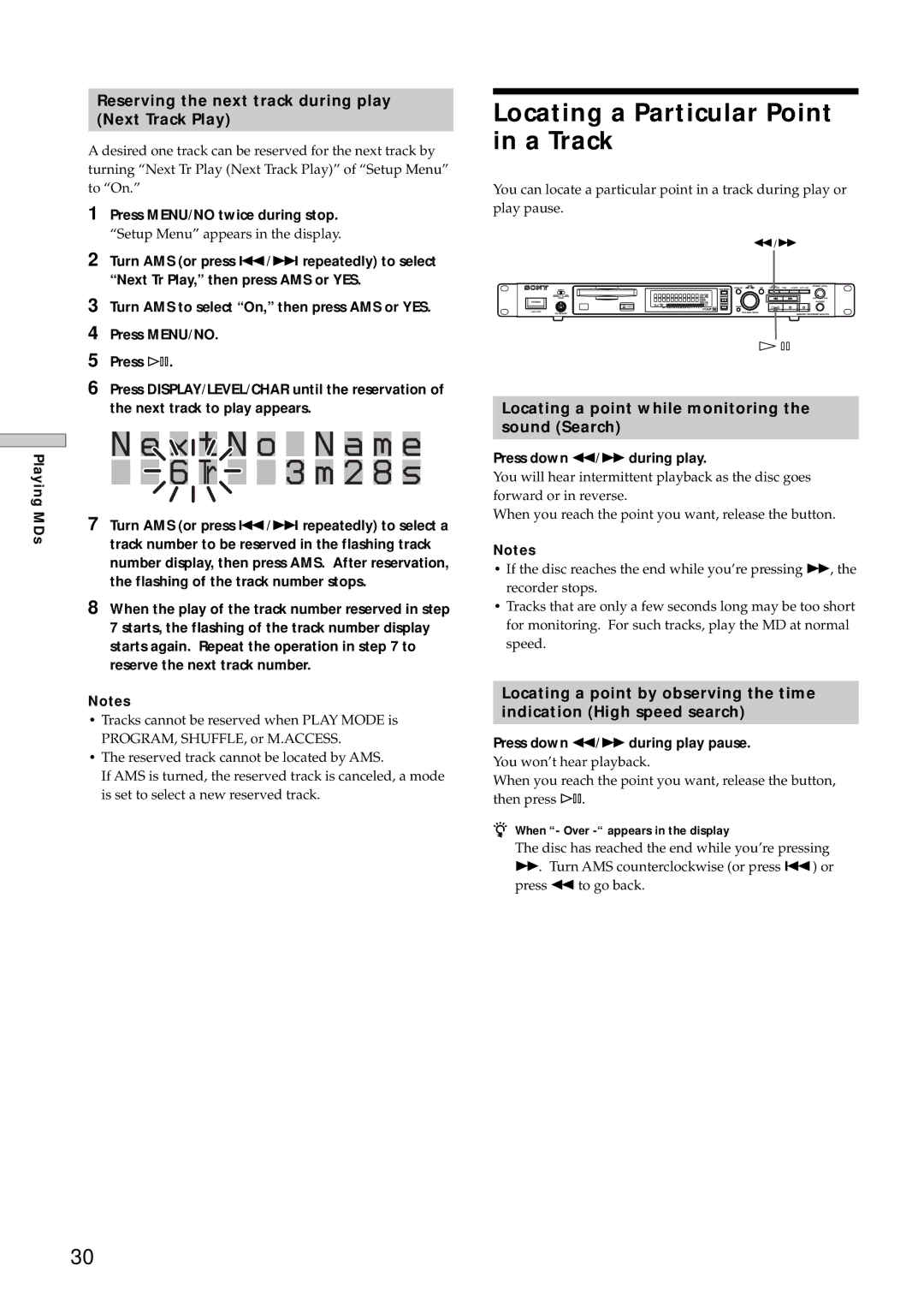 Sony MDS-E10 manual X t N o N a m e 6 Tr 3 m 2 8 s, Locating a Particular Point in a Track 