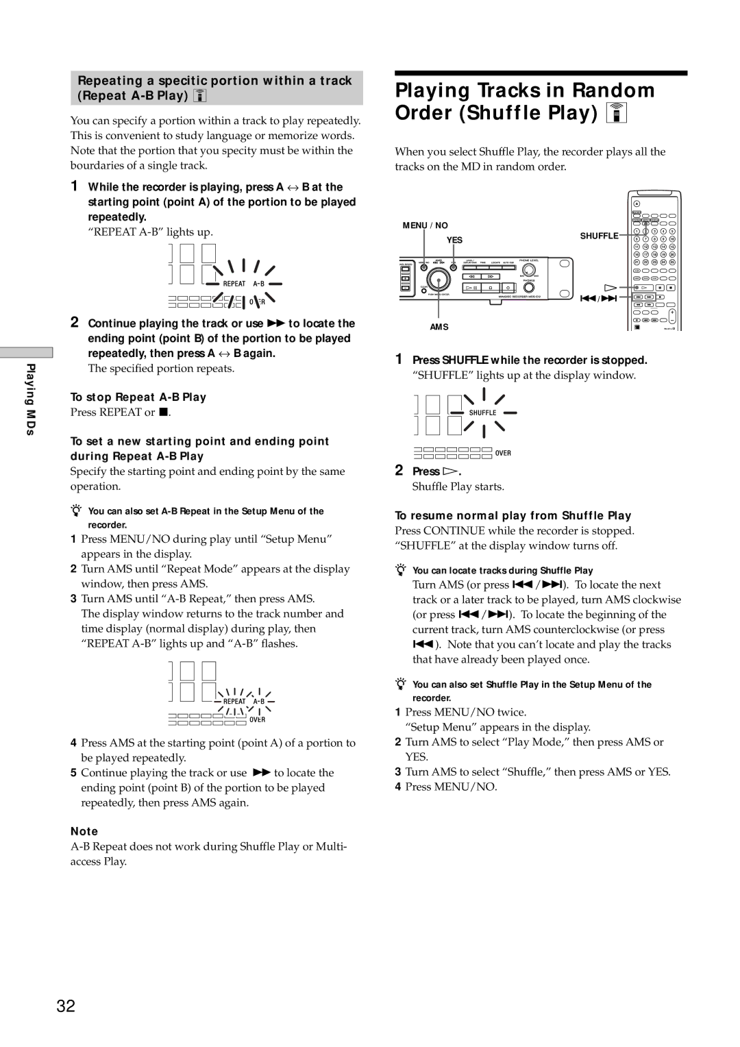 Sony MDS-E10 manual Playing Tracks in Random Order Shuffle Play Z, Continue playing the track or use M to locate, Press H 