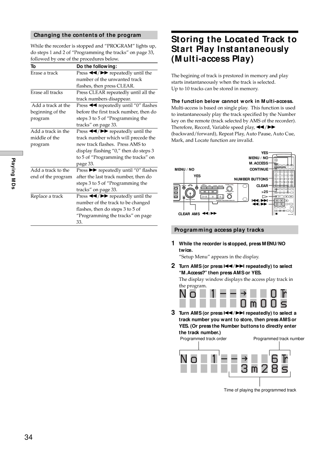 Sony MDS-E10 manual 1 - 0 Tr 0 m 0 0 s, 1 - 6 Tr 3 m 2 8 s, Storing the Located Track to, Start Play Instantaneously 