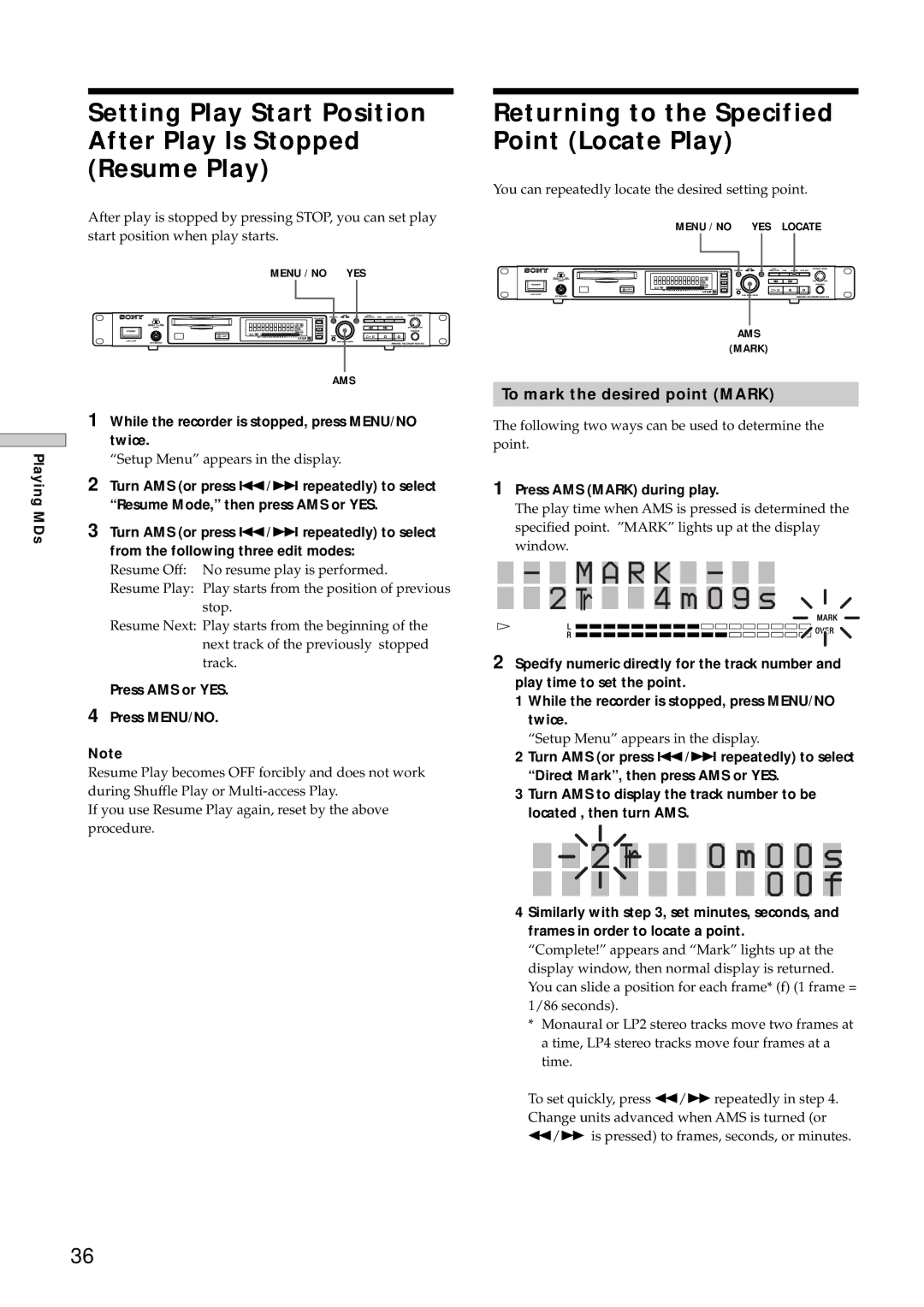 Sony MDS-E10 manual Tr 0 m 0 0 s 0 0 f, Returning to the Specified Point Locate Play, To mark the desired point Mark 