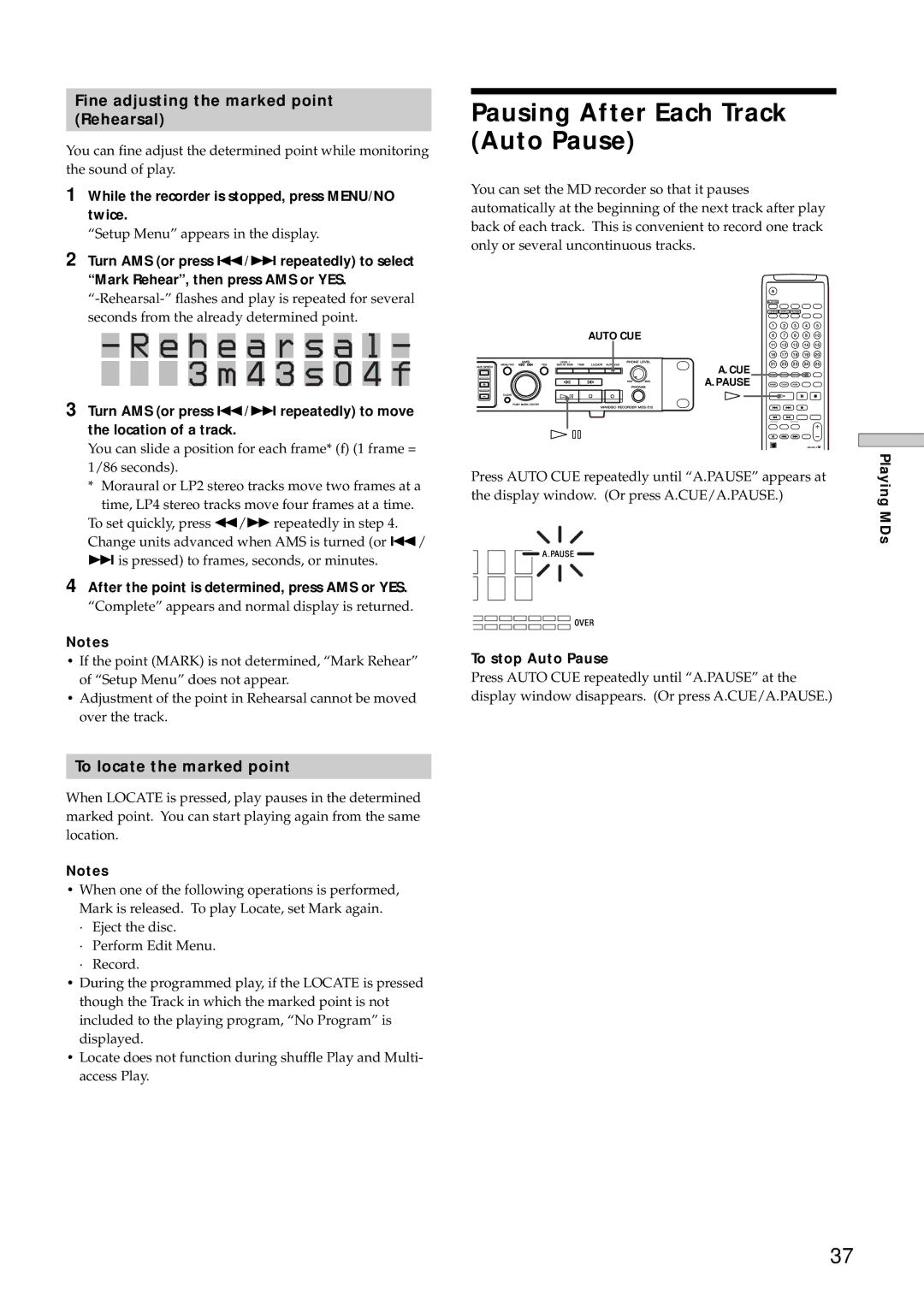 Sony MDS-E10 H e a r s a l, 4 3 s 0 4 f, Pausing After Each Track Auto Pause, Fine adjusting the marked point Rehearsal 