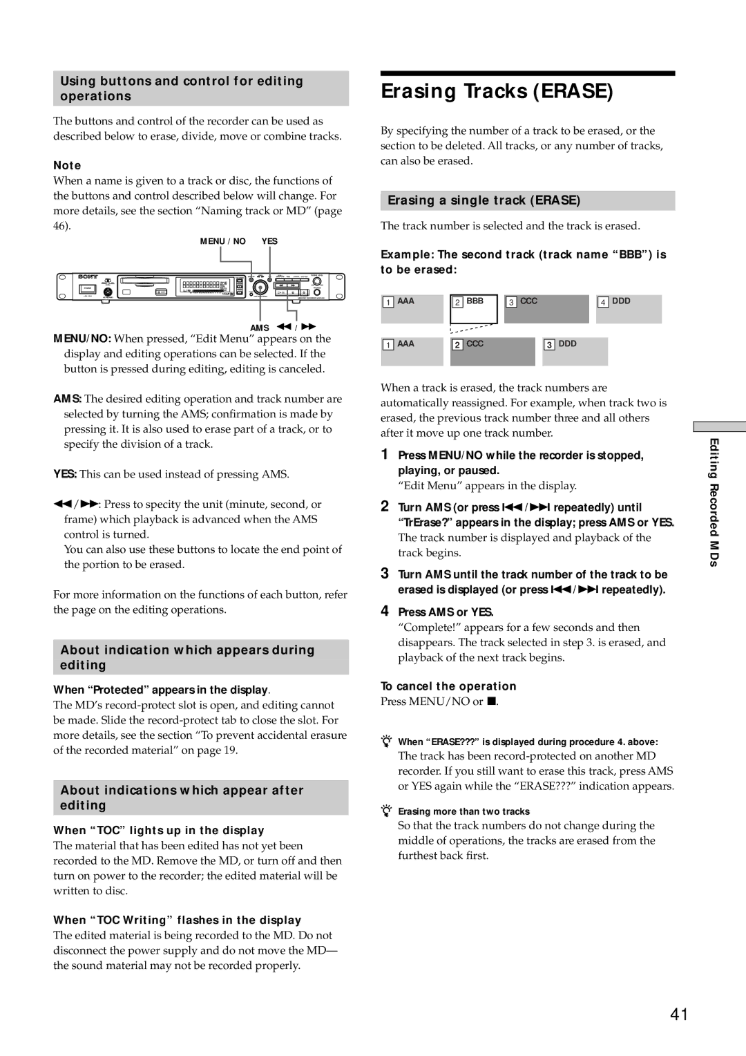 Sony MDS-E10 manual Erasing Tracks Erase, Using buttons and control for editing Operations, Erasing a single track Erase 