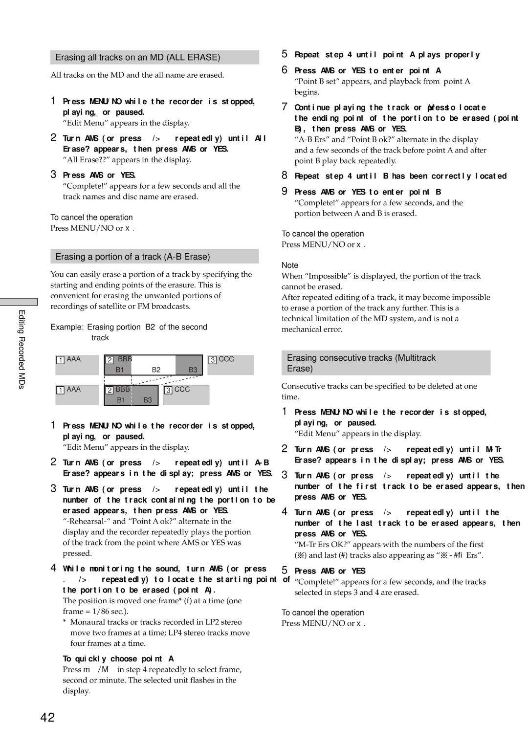 Sony MDS-E10 Erasing all tracks on an MD ALL Erase, Erasing a portion of a track A-B Erase, To quickly choose point a 