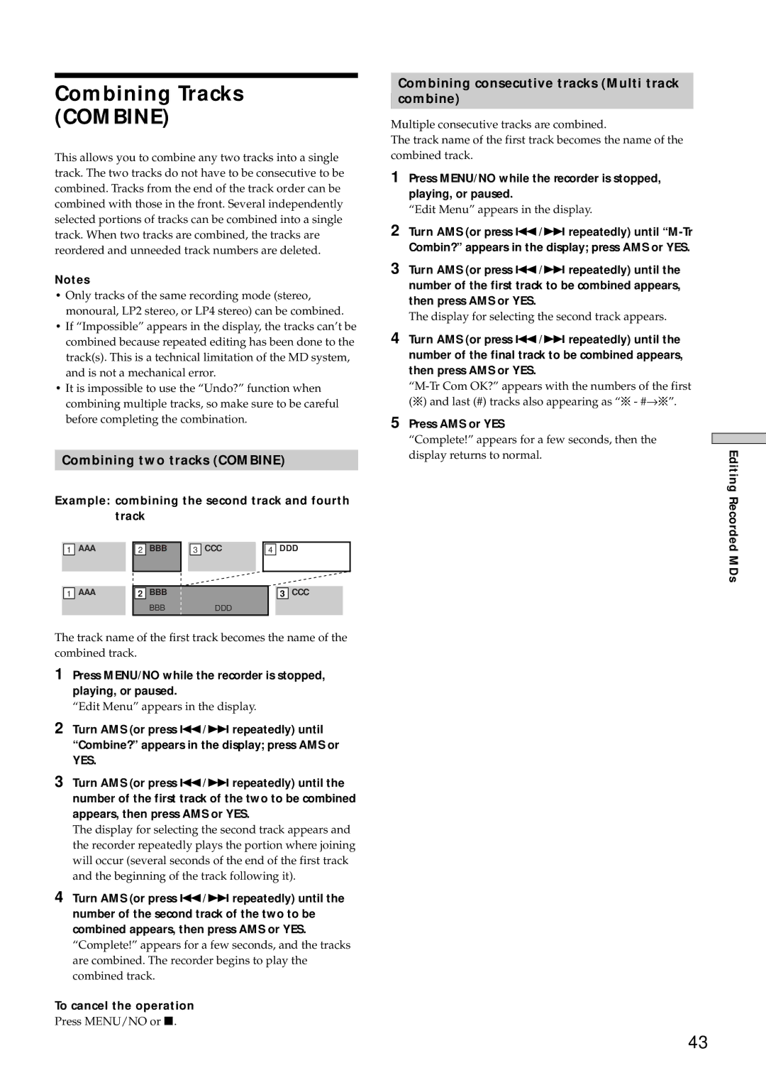 Sony MDS-E10 Combining Tracks Combine, Combining two tracks Combine, Combining consecutive tracks Multi track Combine 