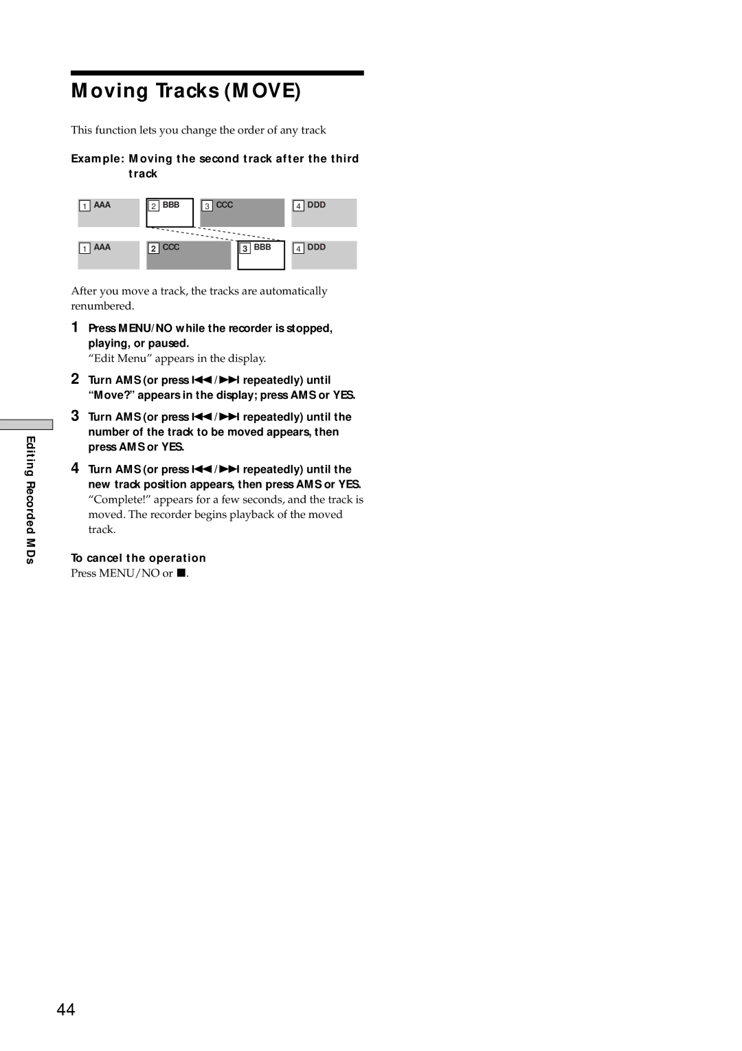 Sony MDS-E10 manual Moving Tracks Move, Example Moving the second track after the third track 