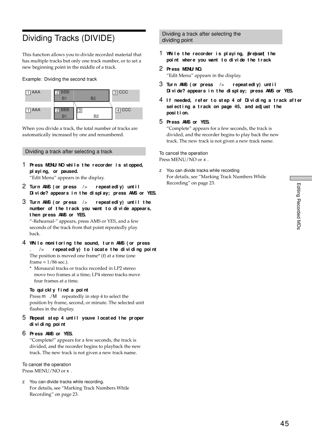 Sony MDS-E10 manual Dividing Tracks Divide, Dividing a track after selecting a track, Example Dividing the second track 