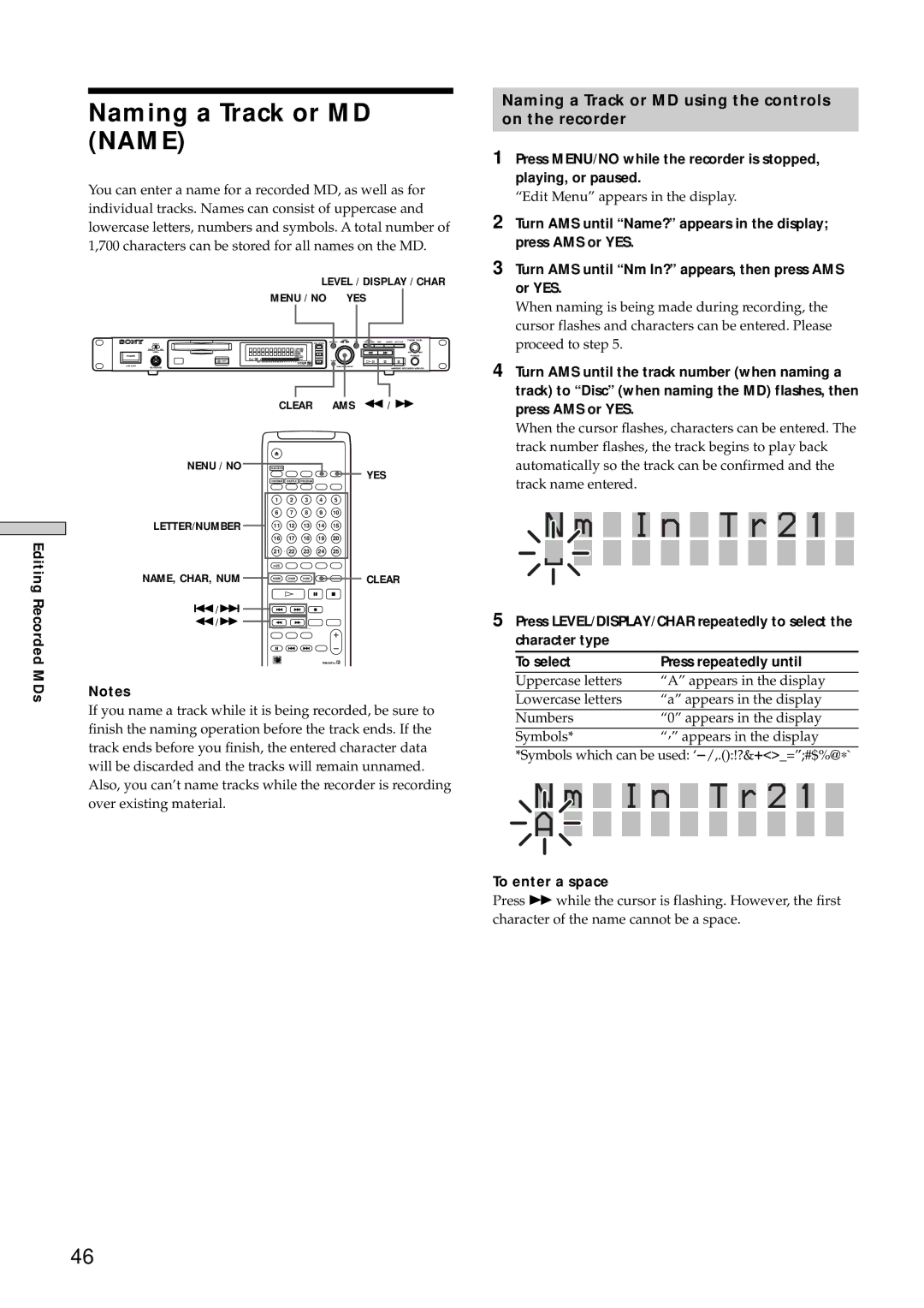 Sony MDS-E10 manual I n T r 2, Naming a Track or MD Name, Naming a Track or MD using the controls On the recorder 