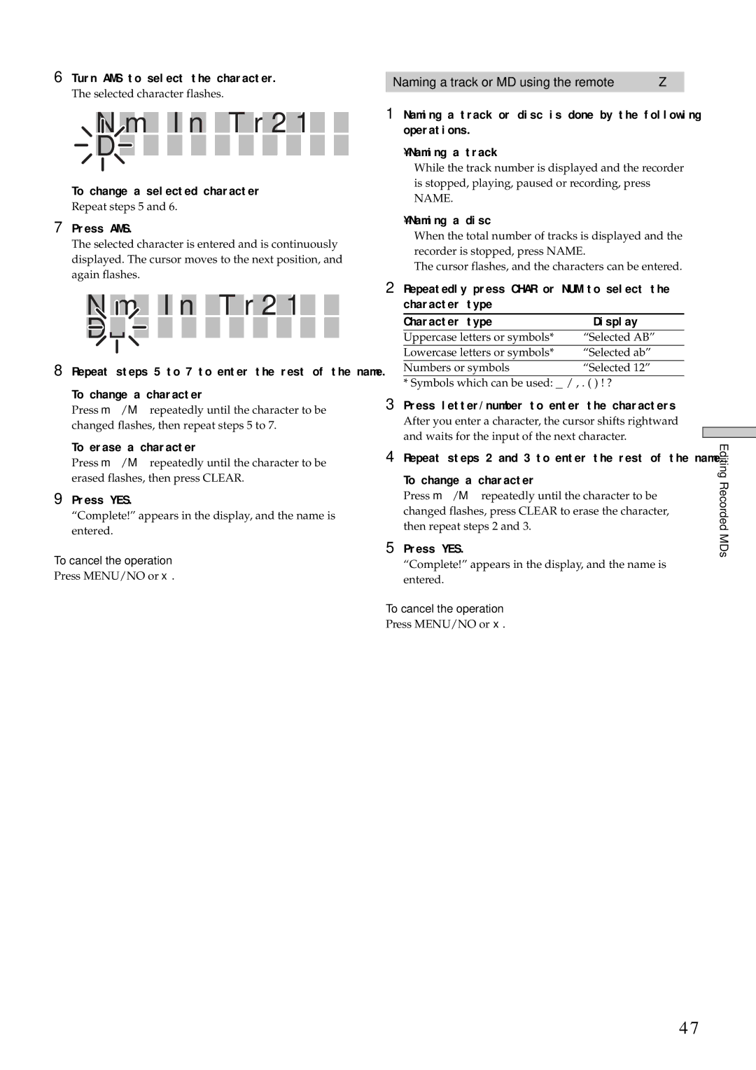 Sony MDS-E10 manual Naming a track or MD using the remote Z 