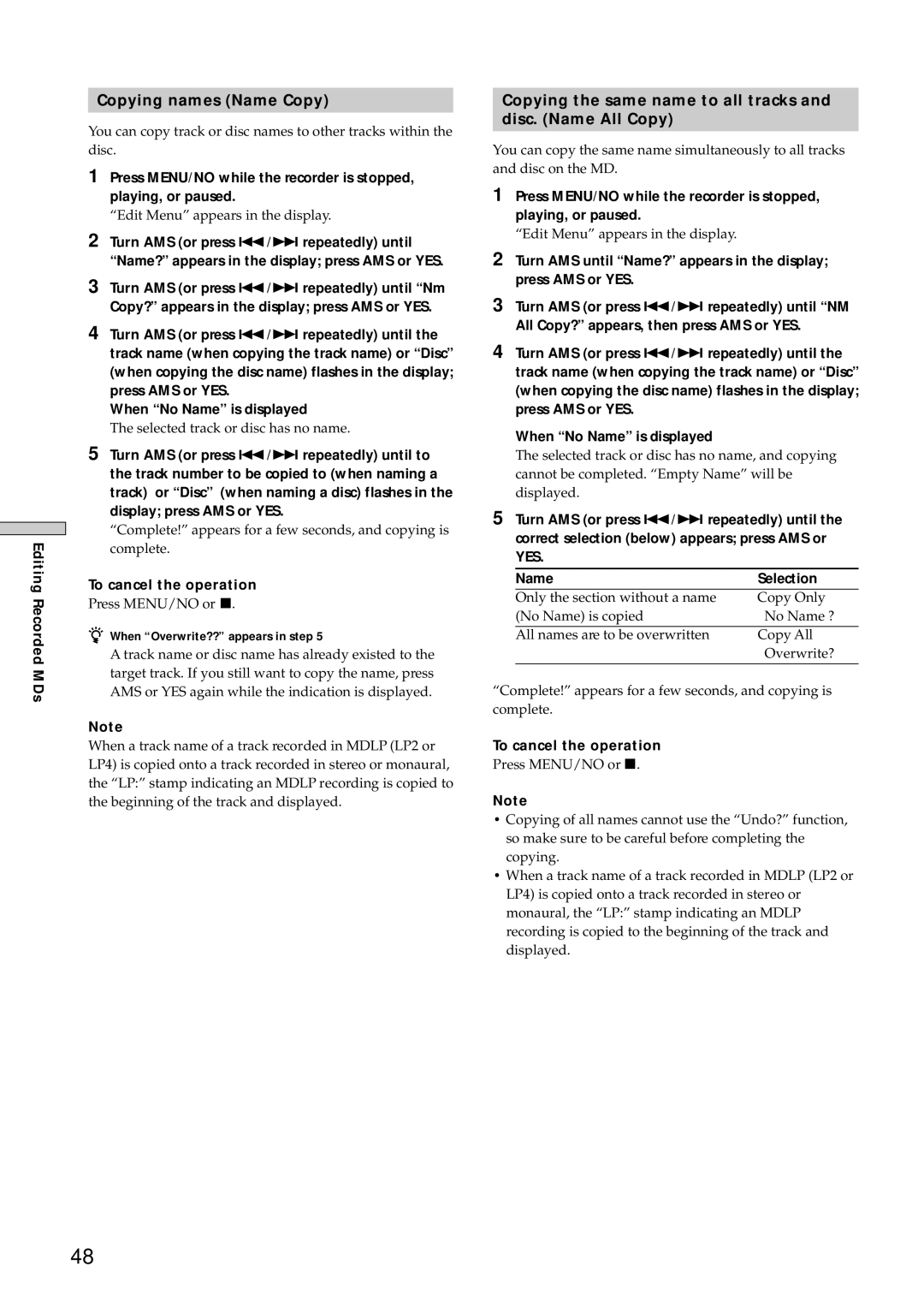 Sony MDS-E10 manual Copying names Name Copy, Copying the same name to all tracks Disc. Name All Copy 