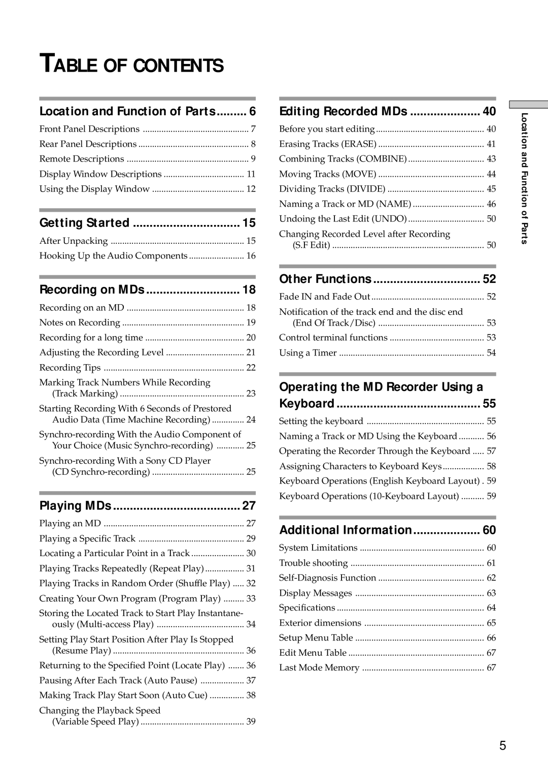 Sony MDS-E10 manual Table of Contents 