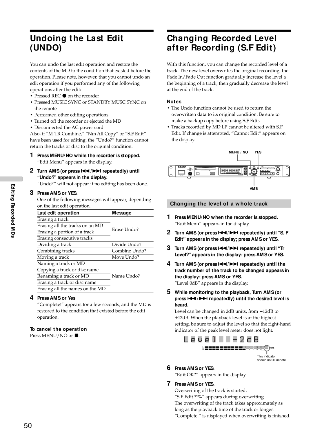 Sony MDS-E10 manual Undoing the Last Edit Undo, Changing Recorded Level after Recording S.F Edit 