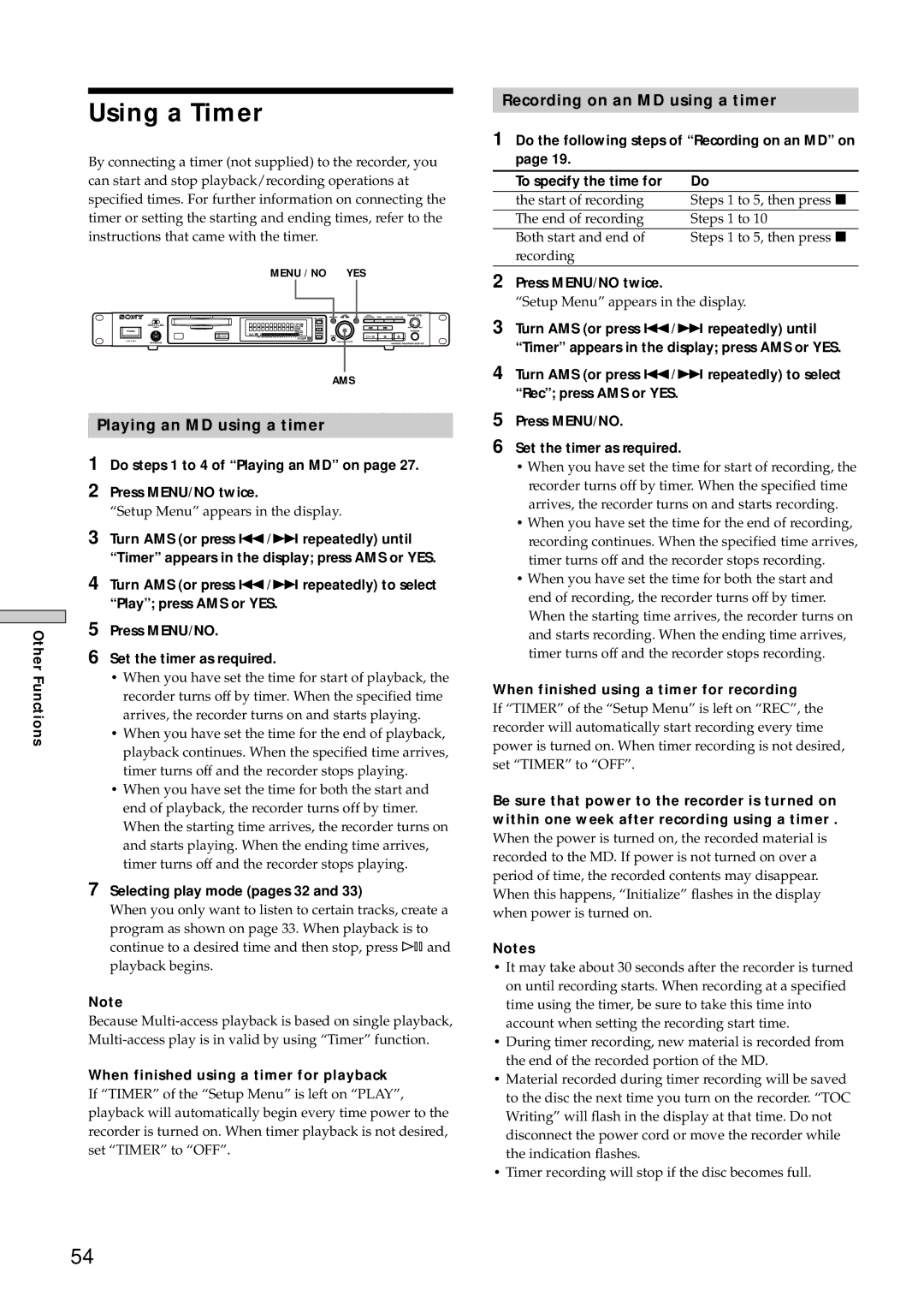 Sony MDS-E10 manual Using a Timer, Playing an MD using a timer, Recording on an MD using a timer 