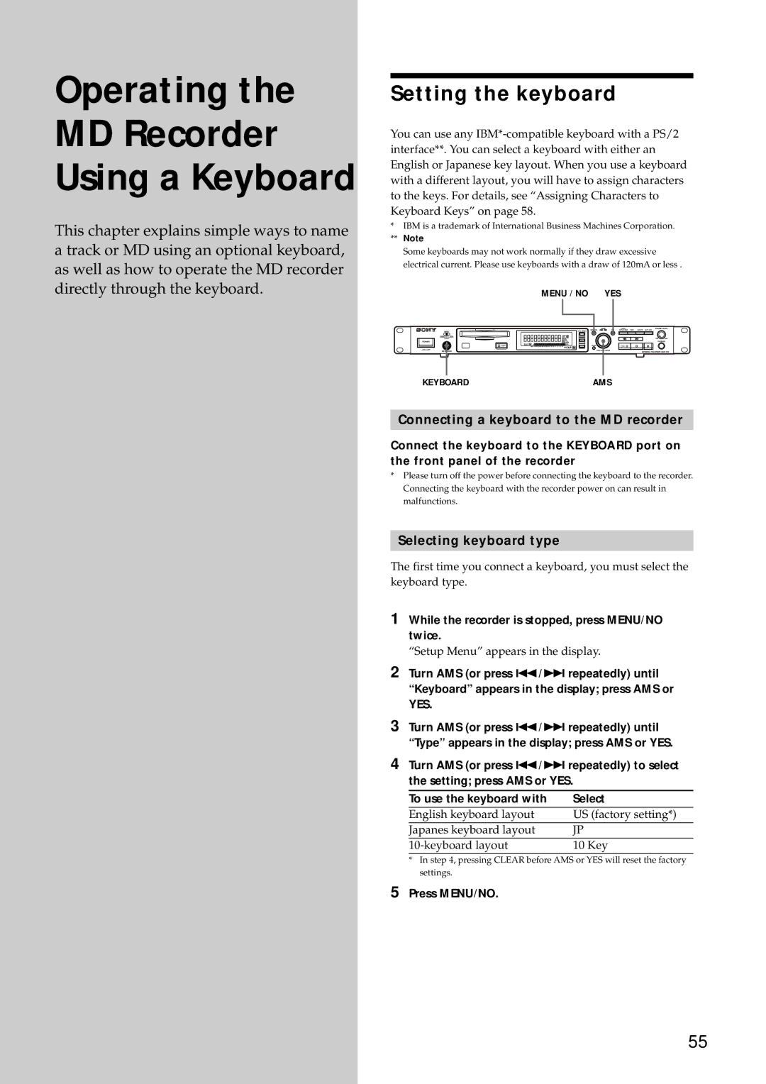 Sony MDS-E10 manual Setting the keyboard, Connecting a keyboard to the MD recorder, Selecting keyboard type 