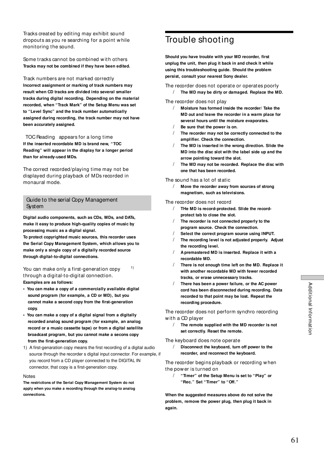 Sony MDS-E10 manual Trouble shooting, Guide to the serial Copy Management System 