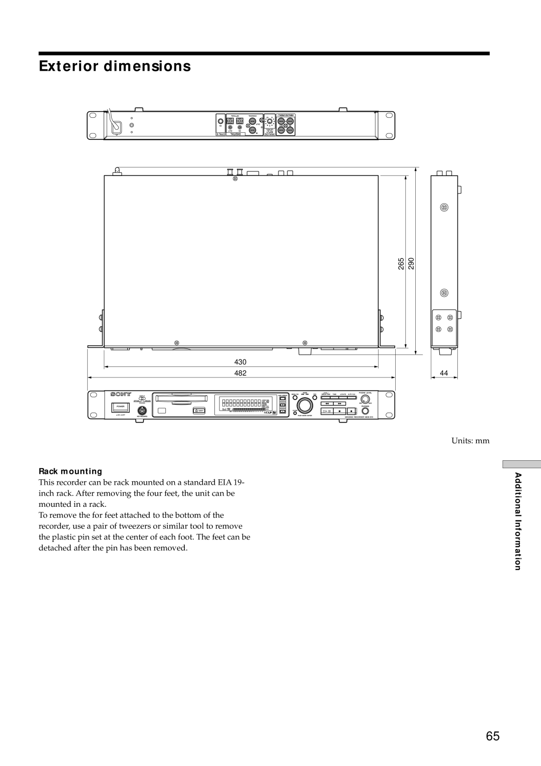 Sony MDS-E10 manual Exterior dimensions, Rack mounting 