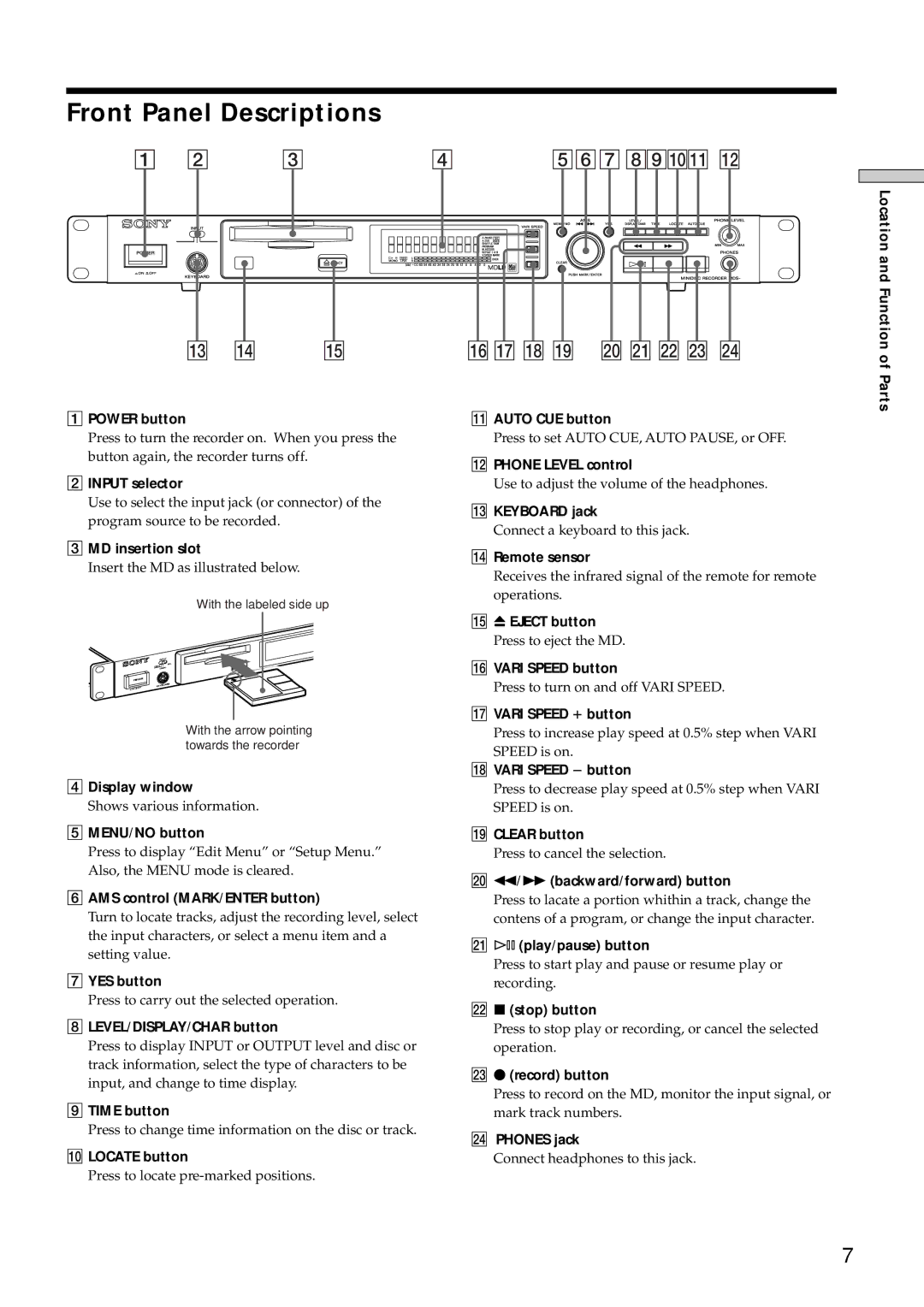 Sony MDS-E10 manual Front Panel Descriptions 