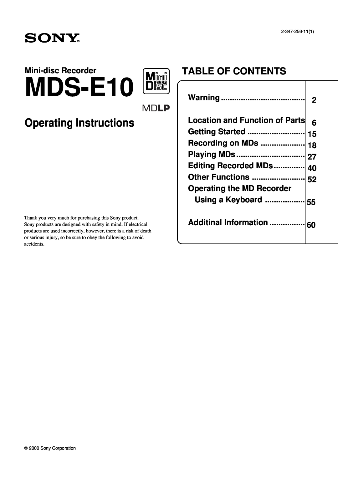 Sony MDS-E10 manual Operating Instructions, Table Of Contents 