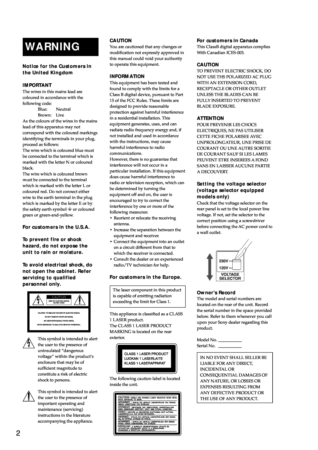 Sony MDS-E10 manual Notice for the Customers in the United Kingdom, For customers in the U.S.A, Information, Owner’s Record 