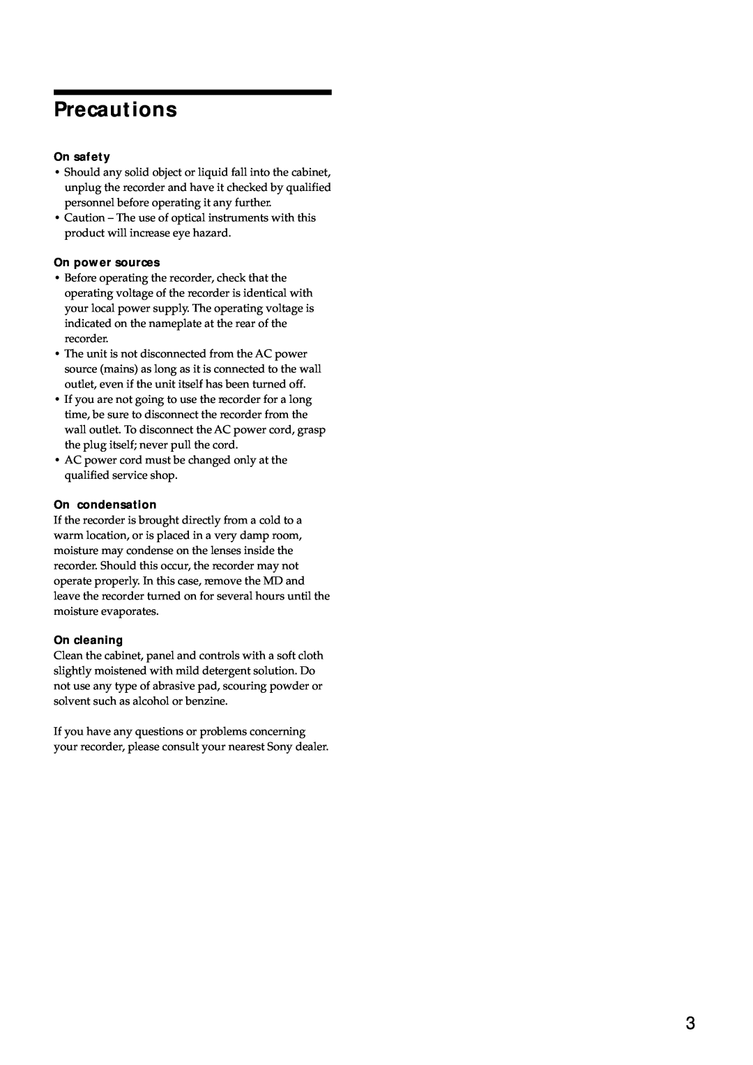 Sony MDS-E10 manual Precautions, On safety, On power sources, On condensation, On cleaning 