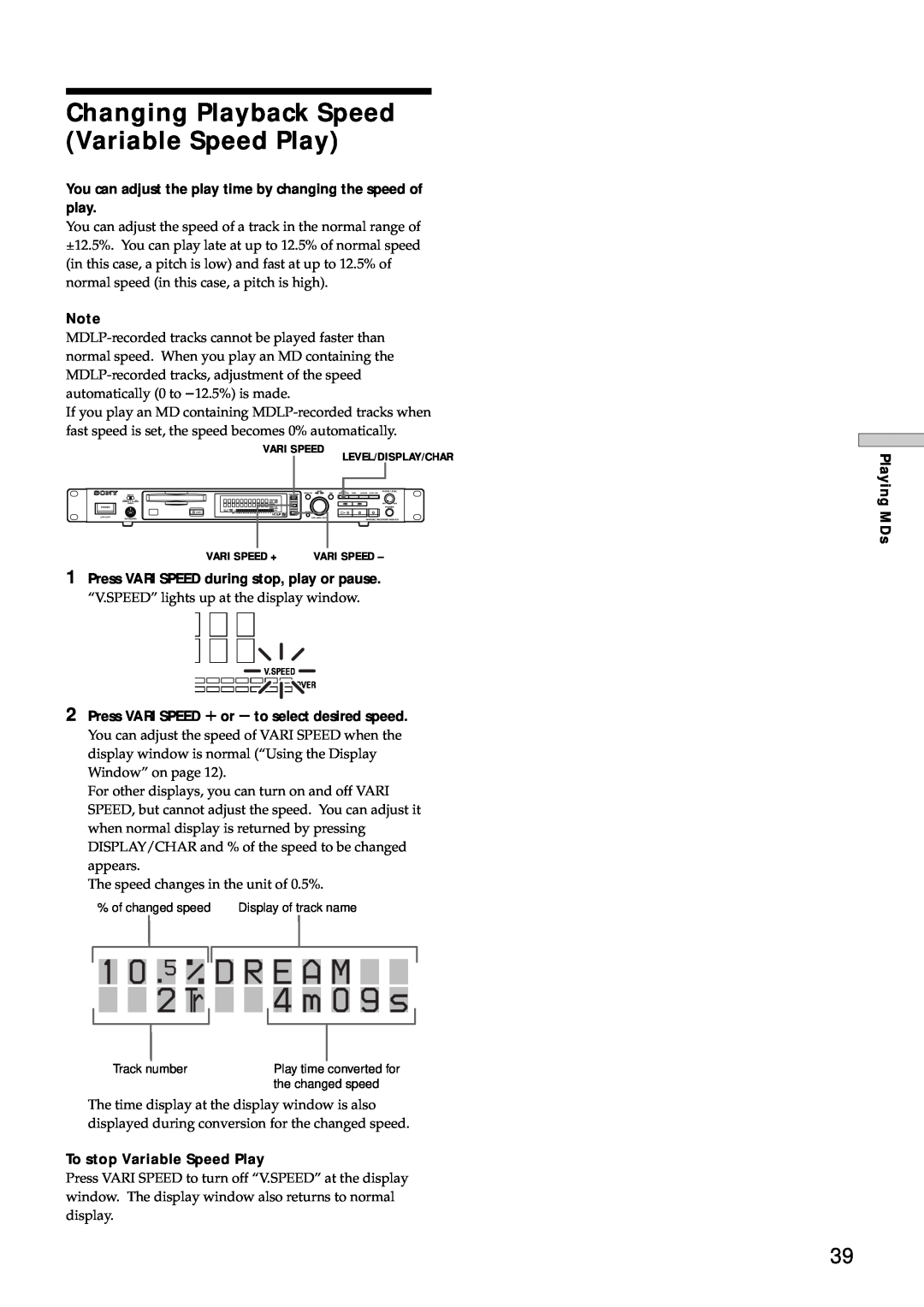 Sony MDS-E10 manual 1 0.5 % D R E A M 2 Tr 4 m 0 9 s, Changing Playback Speed Variable Speed Play 
