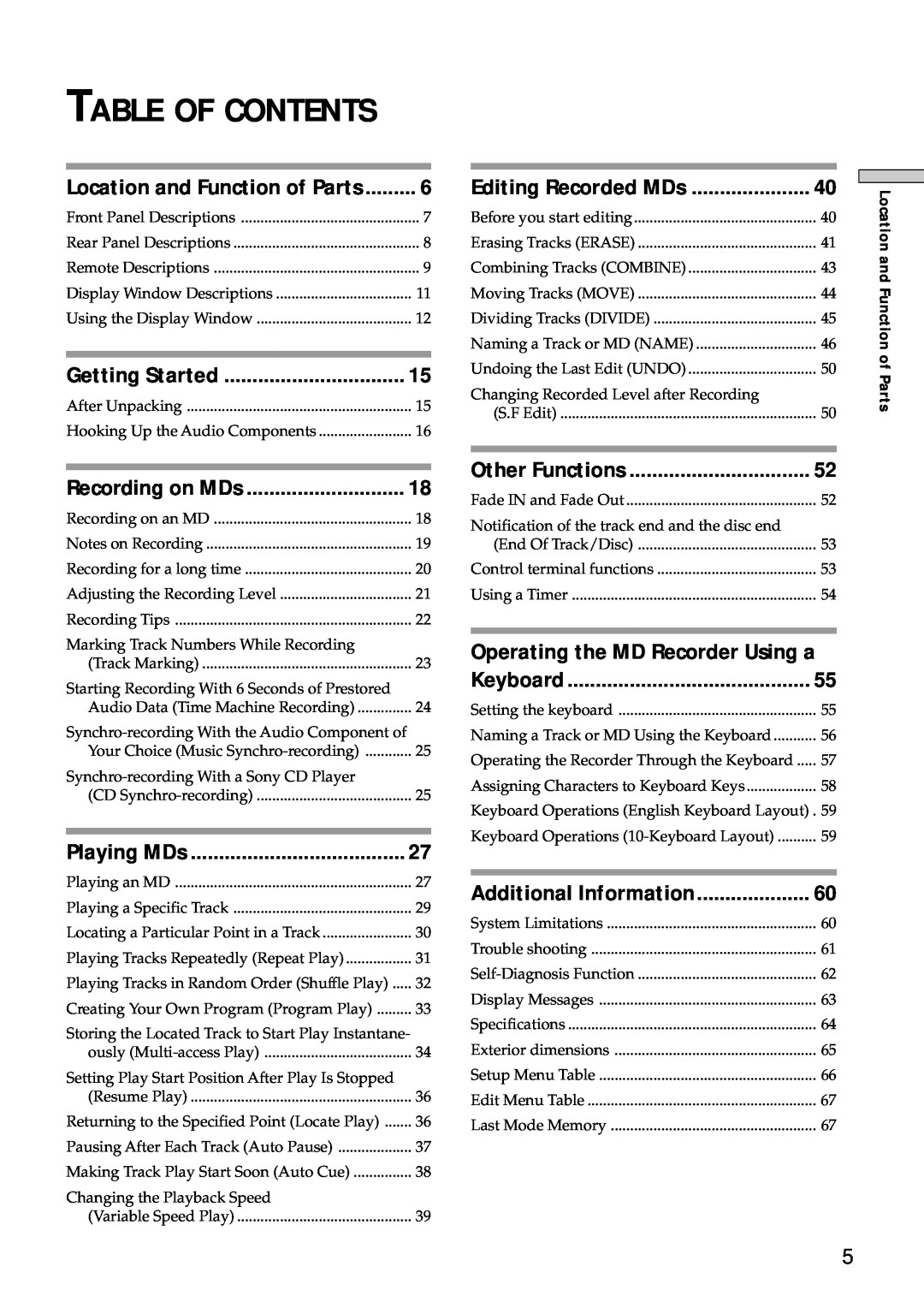 Sony MDS-E10 manual Table Of Contents, Operating the MD Recorder Using a, Additional Information 