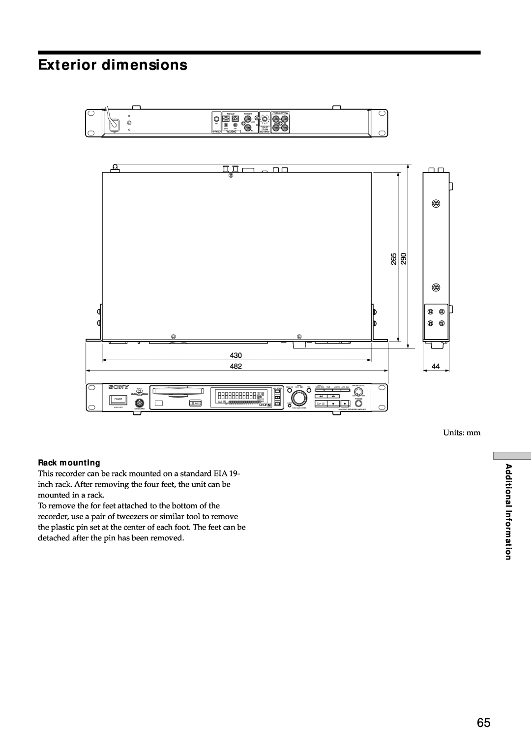 Sony MDS-E10 manual Exterior dimensions, Rack mounting, Additional Information 