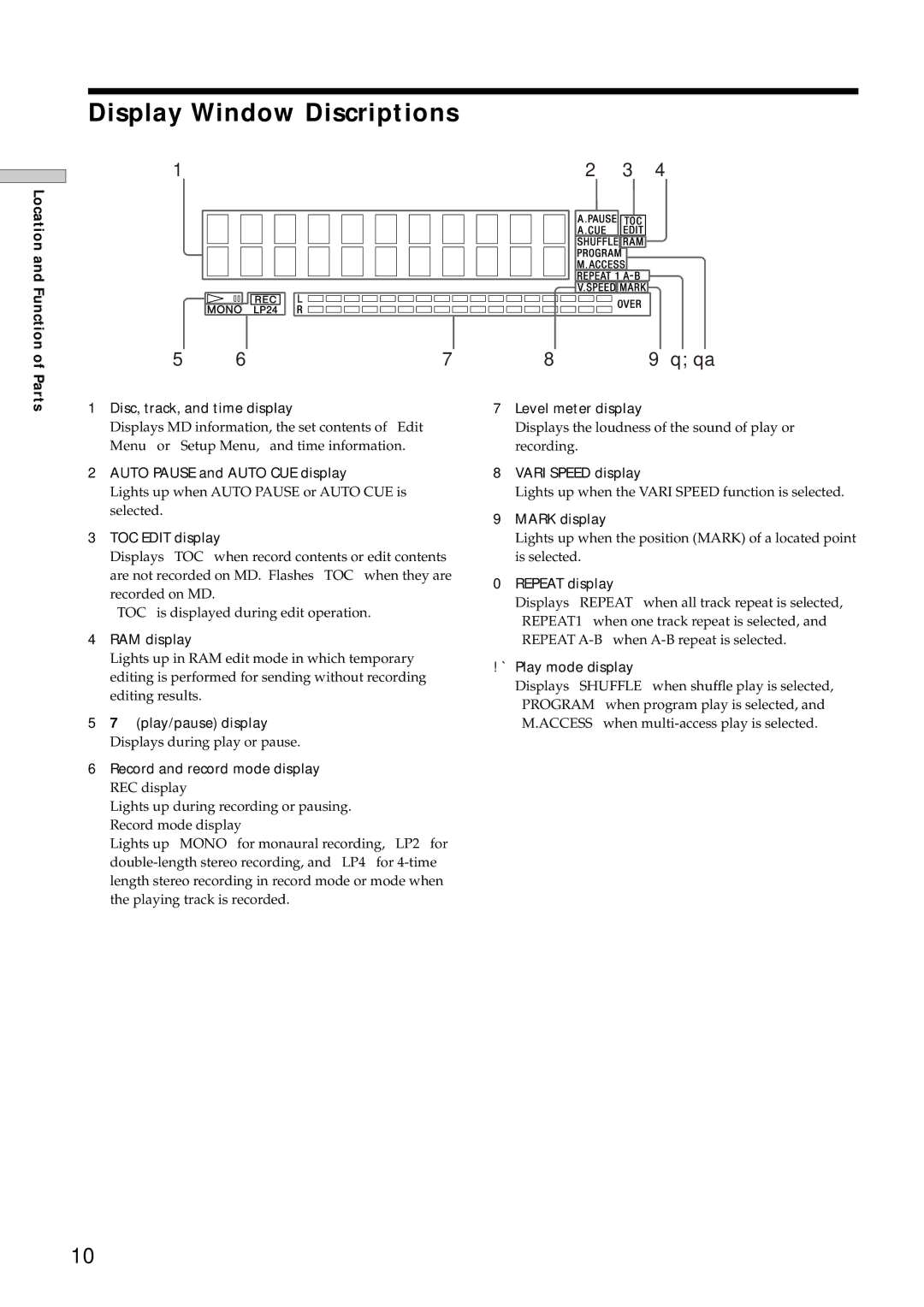 Sony MDS-E12 operating instructions Display Window Discriptions 