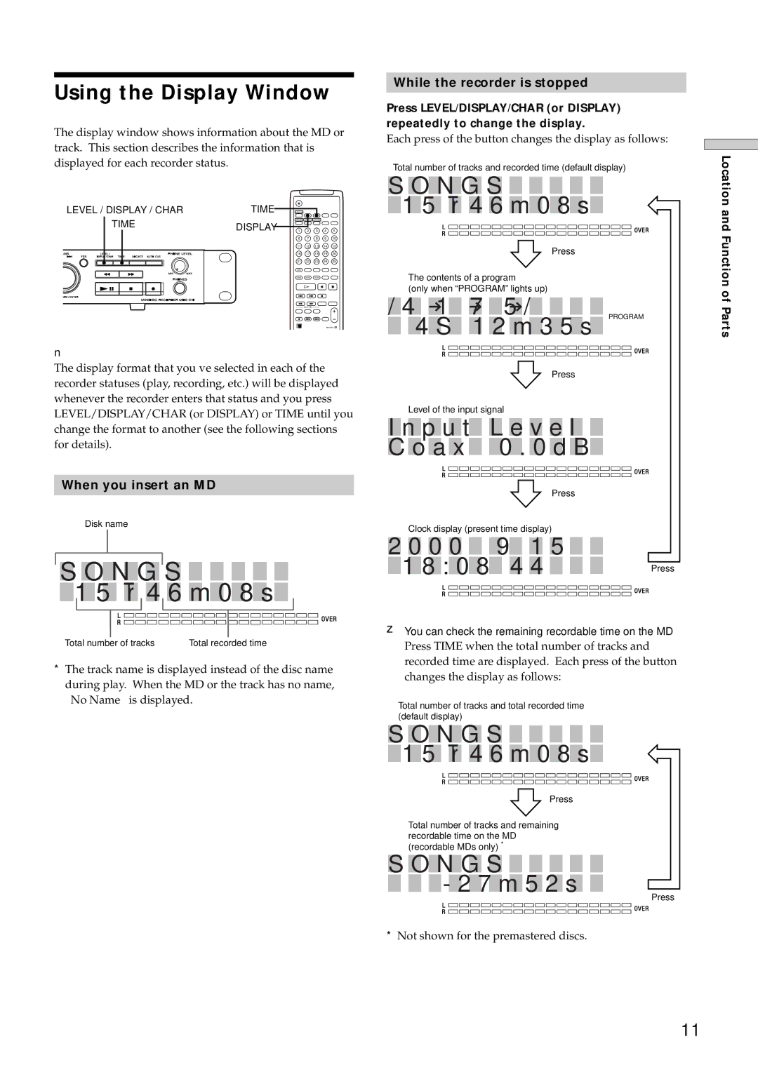 Sony MDS-E12 operating instructions Using the Display Window, When you insert an MD, While the recorder is stopped 