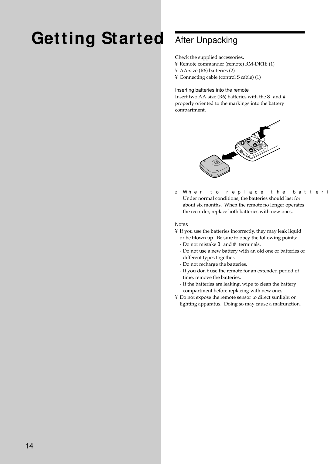 Sony MDS-E12 operating instructions Getting Started After Unpacking, Inserting batteries into the remote 