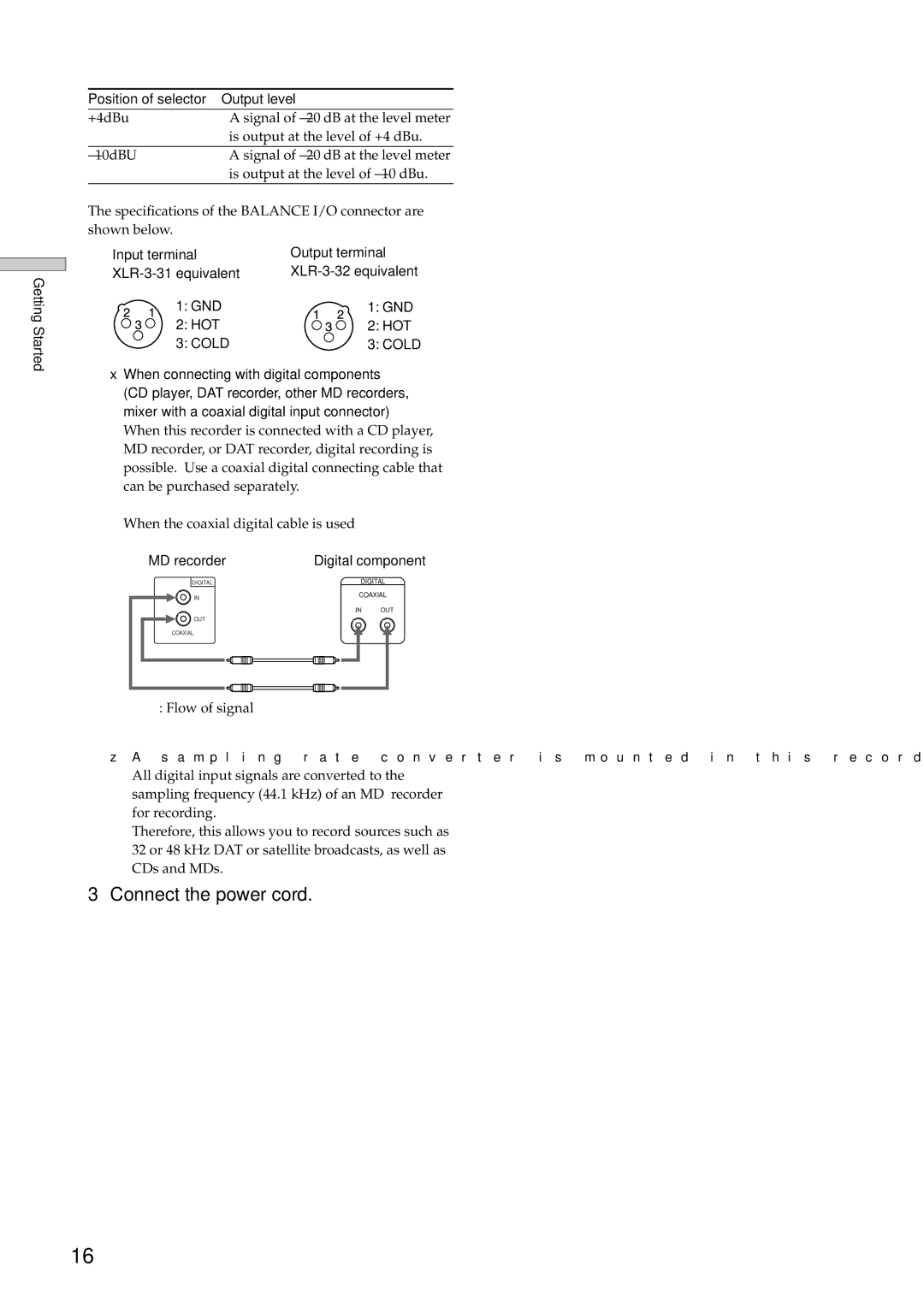 Sony MDS-E12 operating instructions Getting Started Position of selector Output level, Cold 