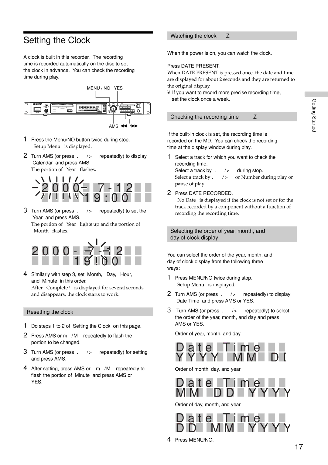 Sony MDS-E12 0 0 7 1 2 1 9 0, Da t e T i m e Y Y M M D D, Da t e T i m e D D Y Y Y Y, Da t e T i m e M M Y Y Y Y 