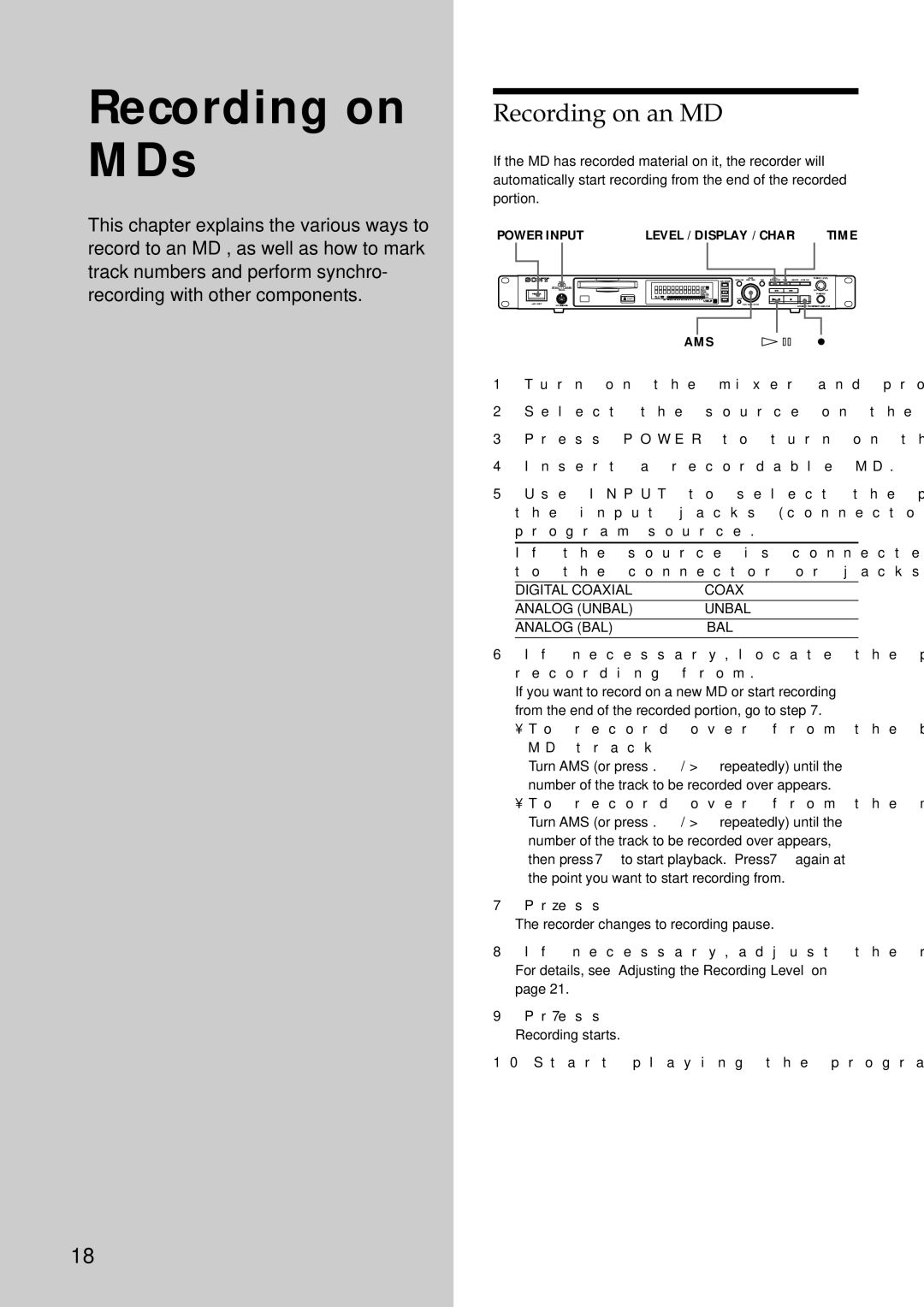 Sony MDS-E12 operating instructions Recording on MDs, Recording on an MD 