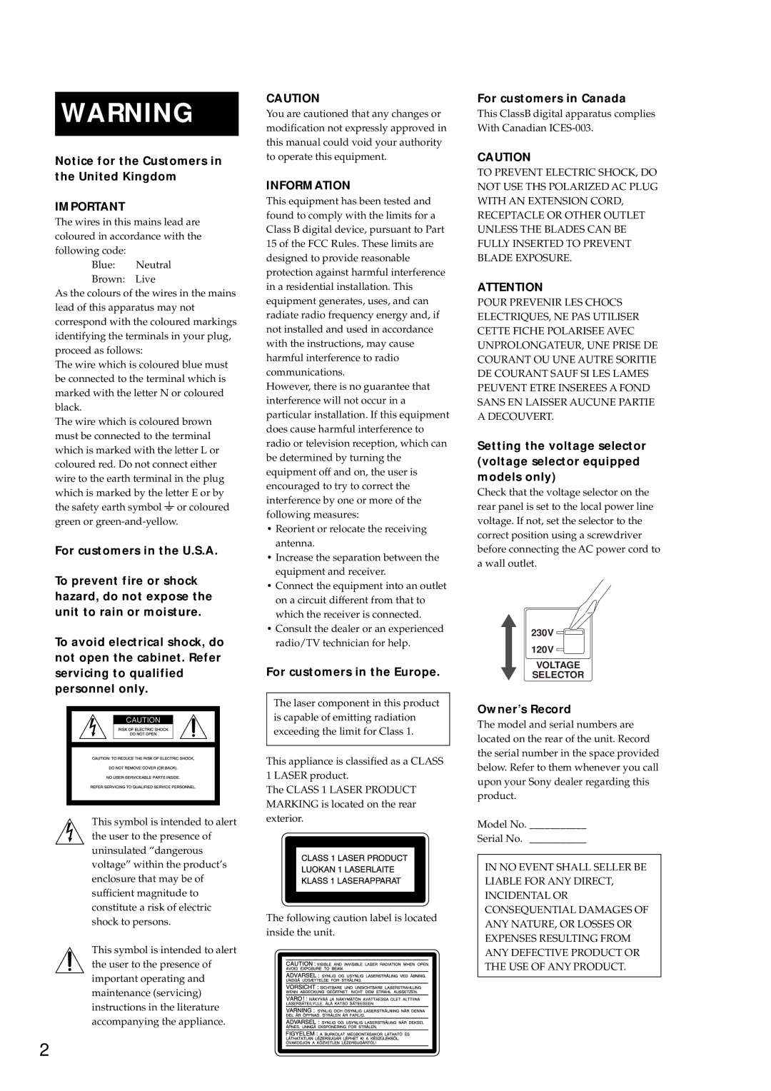 Sony MDS-E12 operating instructions For customers in the Europe, For customers in Canada, Owner’s Record 