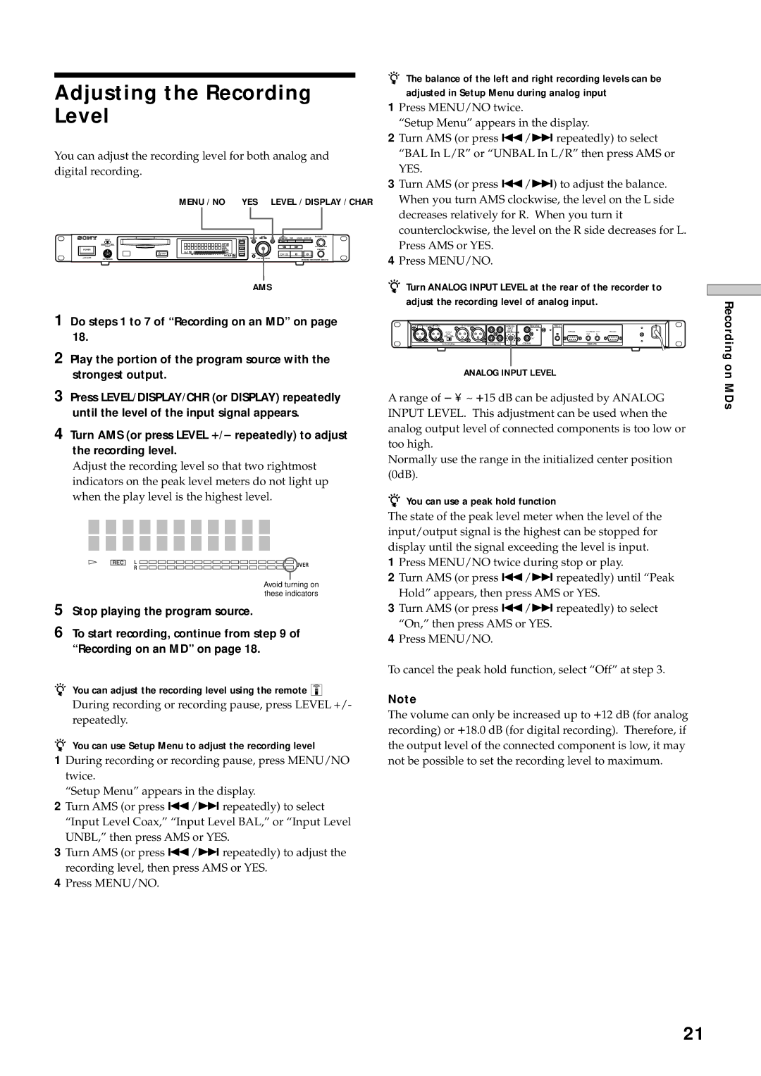 Sony MDS-E12 operating instructions Adjusting the Recording Level, P u t L e v e l A x 5 d B 