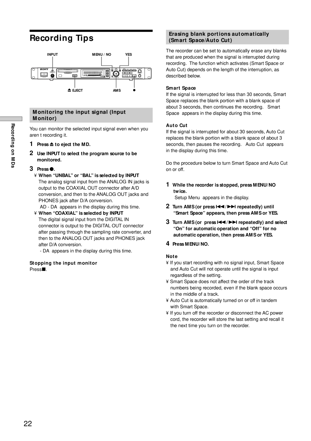 Sony MDS-E12 Recording Tips, Monitoring the input signal Input, Erasing blank portions automatically Smart Space/Auto Cut 