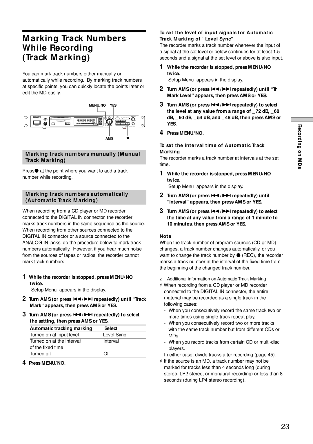 Sony MDS-E12 Marking Track Numbers While Recording Track Marking, Marking track numbers manually Manual Track Marking 