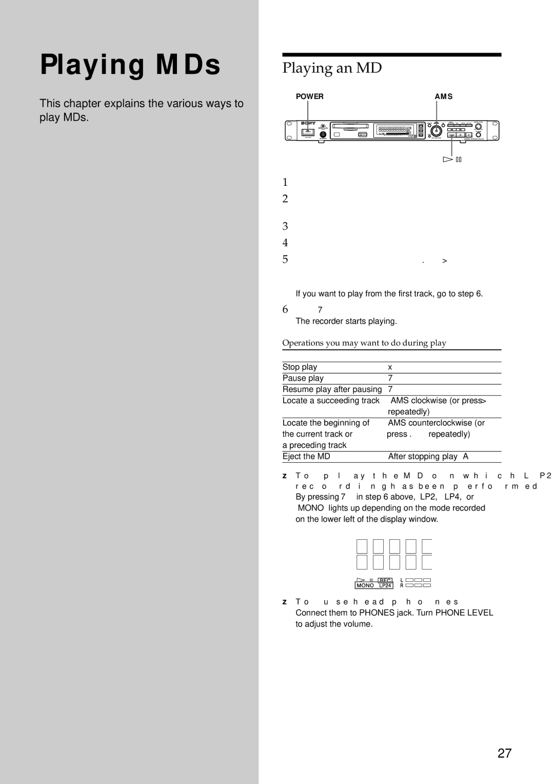 Sony MDS-E12 operating instructions Playing MDs, Operations you may want to do during play Press or turn 