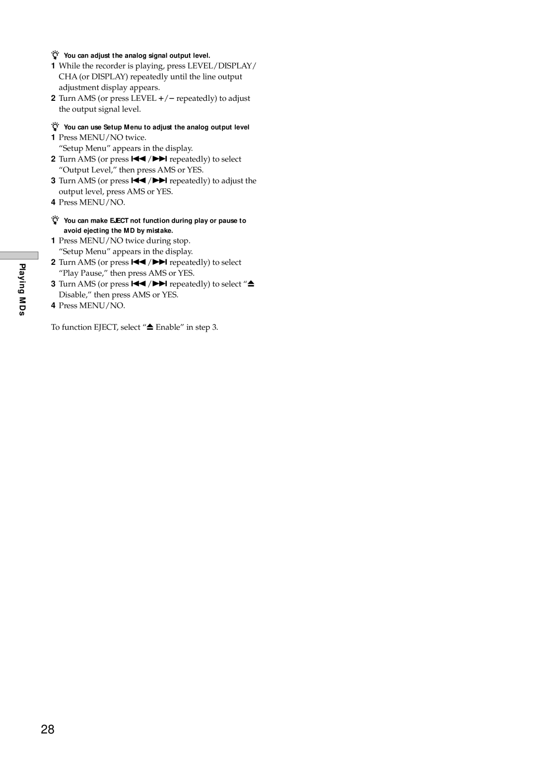 Sony MDS-E12 operating instructions Playing MDs 