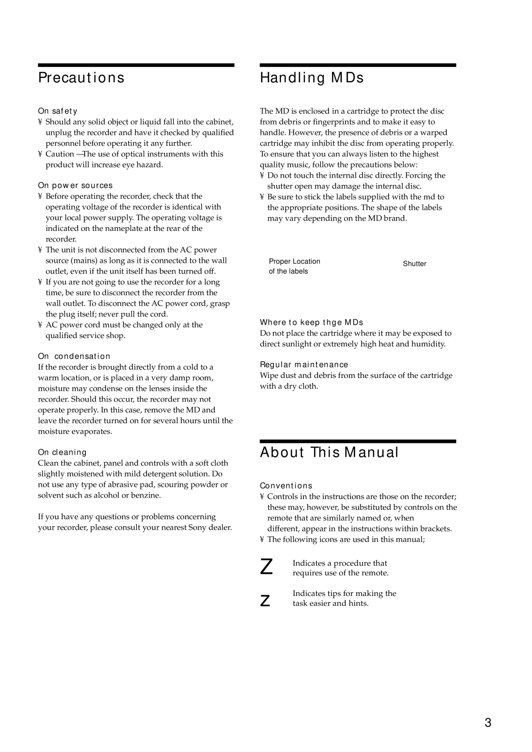 Sony MDS-E12 operating instructions Precautions, Handling MDs, About This Manual 