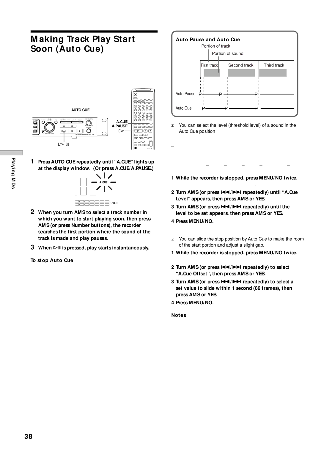 Sony MDS-E12 operating instructions Making Track Play Start Soon Auto Cue, Auto Pause and Auto Cue 